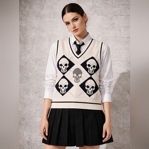White Black And Gray Skull Argyle V-Neck Sweater Vest. Dark Academia.